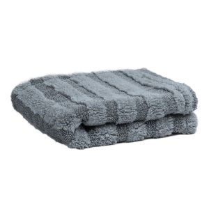 Folded light grey microfiber towel in stripes of long soft high pile and lower twisted loop stripes.