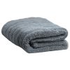 Folded light grey microfiber towel in stripes of long soft high pile and lower twisted loop stripes.