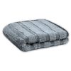 Folded light grey microfiber towel in stripes of long soft high pile and lower twisted loop stripes and with smooth grey edging.