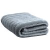 Folded light grey microfiber towel in stripes of long soft high pile and lower twisted loop stripes.