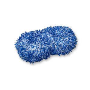 Ergonomical wash sponge in traditional shape, made from soft blue and white microfiber material.