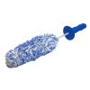 Soft blue and white microfiber sleeve that acts as wheel brush on a blue handle