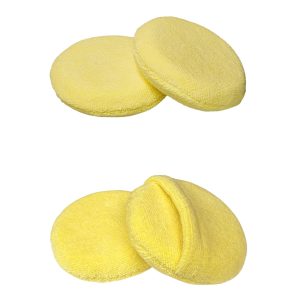 Yellow hand applicator pads for waxing in microfiber material. Two of them with finger pocket and two others without.