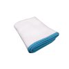 Rectangular folded white waffle-weave towel with a light blue edge.