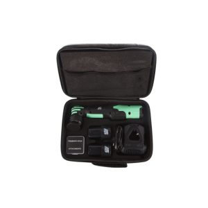 Open small black case containing a mint and black coloured polisher, two batteries, a charger and polisher head attachments.