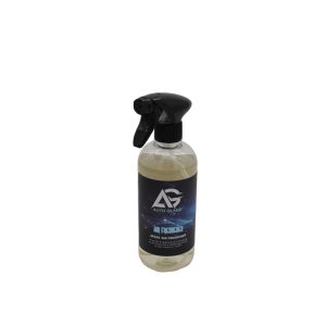 Transparent bottle containing Air Freshener Spray by Auto Glanz.