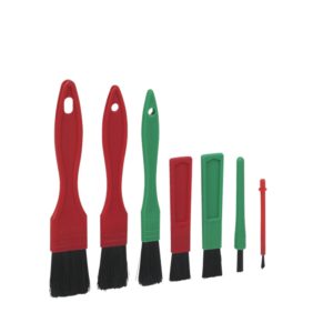 Seven detailing brushes in different shapes and sizes, all in red or green.