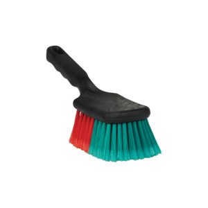 Short brush with black handle and green and red bristles.