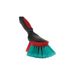 Cleaning hand brush for detailing with black handle and green and red bristles.