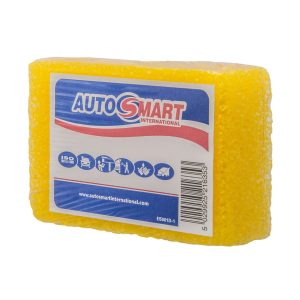 Rectangular traditional yellow sponge for car interiors by Autosmart, packaged in transparent plastic with paper label.