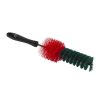 Bottle brush with black handle and green and red bristles.