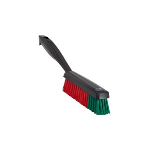 Slim line brush for interiors with black handle and green and red bristles.