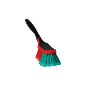 Multi-cleaning brush with black handle and green and red bristles.