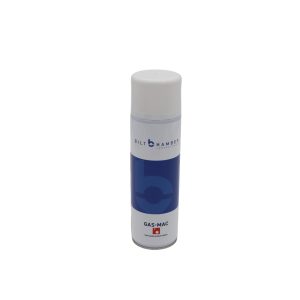 Upright white can with white and blue label containing Gas-Mac by Bilt Hamber.