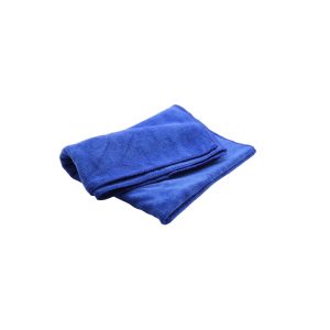 Blue microfiber buffing cloth folded multiple times.