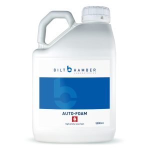 5 litre white jerrycan with blue and white label containing Auto-Foam by Bilt Hamber.