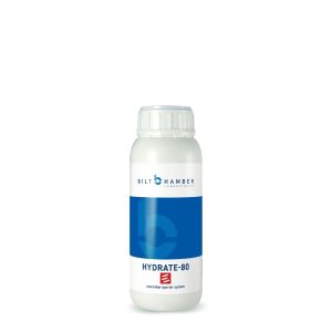 White plastic bottle with a white and blue label containing Hydrate-80 by Bilt Hamber.