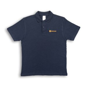 Navy blue polo shrit with Ewocar logo embroidered in orange thread to one side.