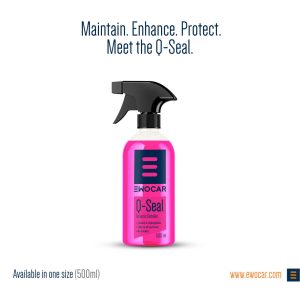 Transparent plastic bottle with black spray trigger and with pink liquid called Q-Seal Ceramic Detailer. Above the bottle is the title 'Maintain. Enhance. Protect. Meet the Q-Seal'