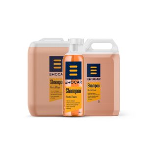 Two jerrycans and a bottle containing orange liquid called Shampoo Neutral Foam