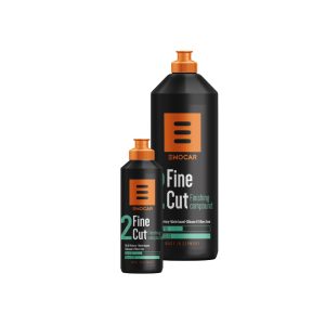 Two black plastic bottles with orange nozzle containing Fine Cut Finishing Compound