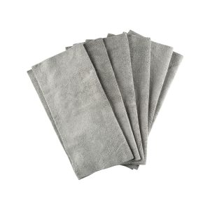 Six grey microfiber cloths fanned out.