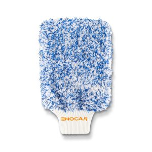 Thick microfiber mitt in blue and white with white elasticated wrist band.