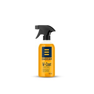 Transparent plastic bottle with black spray trigger and with orange liquid called W-Coat Ceramic Sealant