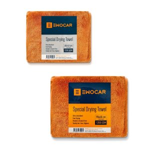 Two thick orange drying towels folded inside individual transparent plastic packages.