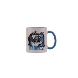 White ceramic mug with light blue rim and handle and the Microfiber Madness logo and mascot.