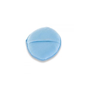 Back side of circular applicator pad in light blue, with terrycloth front and pocket for fingers on the back.