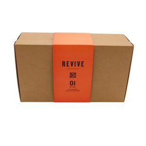 Closed brown rectangular carton box with orange wrap-around paper titled 'Revive 01 - Pre-Clean'