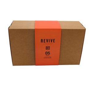 Closed brown rectangular carton box with orange wrap-around paper titled 'Revive 05 - Maintain'