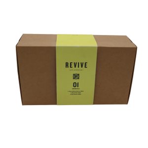 Closed brown rectangular carton box with yellow wrap-around paper titled 'Revive 01 Motorcycle'