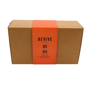 Closed brown rectangular carton box with orange wrap-around paper titled 'Revive 04 - Finish & Protect'