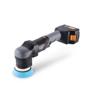 Cordless black and grey dual action polisher with light blue foam pad attached.