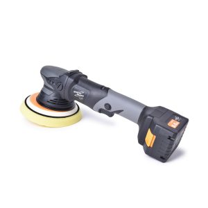 Cordless black dual action polisher with yellow foam pad.