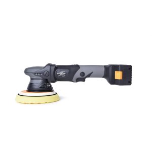 Cordless black dual action polisher with yellow foam pad.