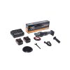 Cordless black and grey rotary polisher together with two rechargeable batteries, a dual battery charger and the box it comes packaged in as well as some other items that come included in the kit.