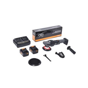 Cordless black and grey rotary polisher together with two rechargeable batteries, a dual battery charger and the box it comes packaged in as well as some other items that come included in the kit.