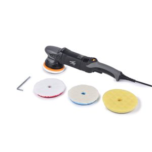 Corded black and grey dual action polisher together with two wool and one foam pads and an alan key.