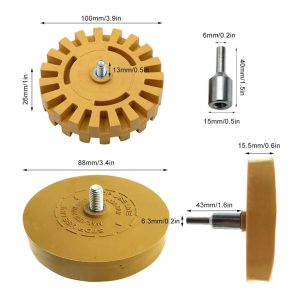 Chart showing dimensions and pictures for both the toothed and smooth eraser wheels by ShineMate.