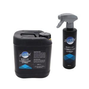 Jerrycan and matching smaller bottle with spray nozzle, both containing Exclay Lubricant Spray by Zvizzer.