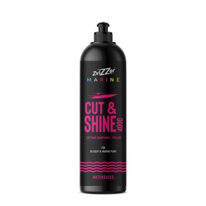 Black plastic bottle with nozzle containing Marine Cut and Shine 4000 cutting compound and polish by Zvizzer.