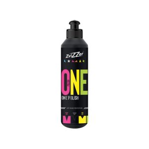 Black plastic bottle with nozzle containing One Polish cut gloss protection by Zvizzer.