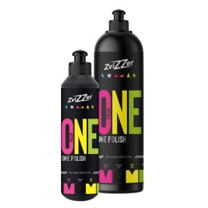 Two black plastic bottles with nozzle containing One Polish cut gloss protection by Zvizzer.