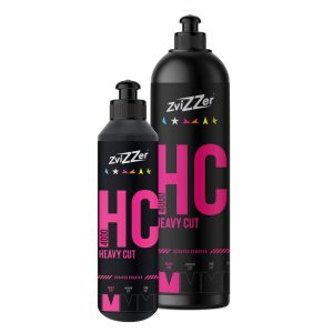 Two black plastic bottles with nozzle containing Heavy Cut scratch remover by Zvizzer.