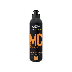 Black plastic bottle with nozzle containing Medium Cut one step compound by Zvizzer.