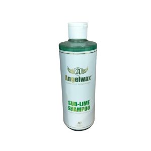 Transparent plastic bottle full of Sub-Lime Shampoo by Angelwax.