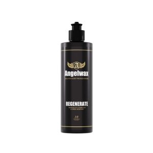 Plastic black bottle containing Regenerate Medium Cut Compound And Swirl Remover by Angelwax.